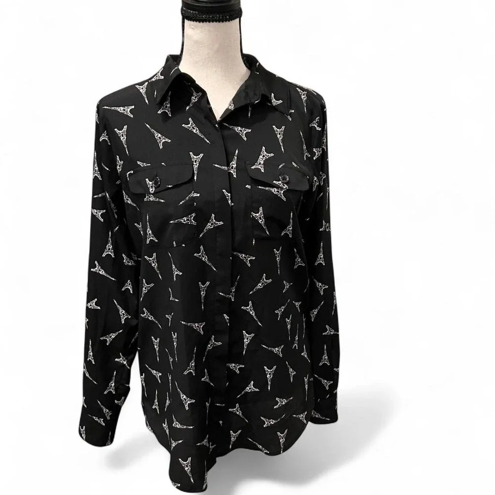 Karl Lagerfeld Eiffel Tower Black and White Button Down Shirt Women's XS - Picture 1 of 8